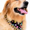 Golden Retriever wearing a colorful handmade polka dot pet bandana with tassel lace trim on a clean white studio background.